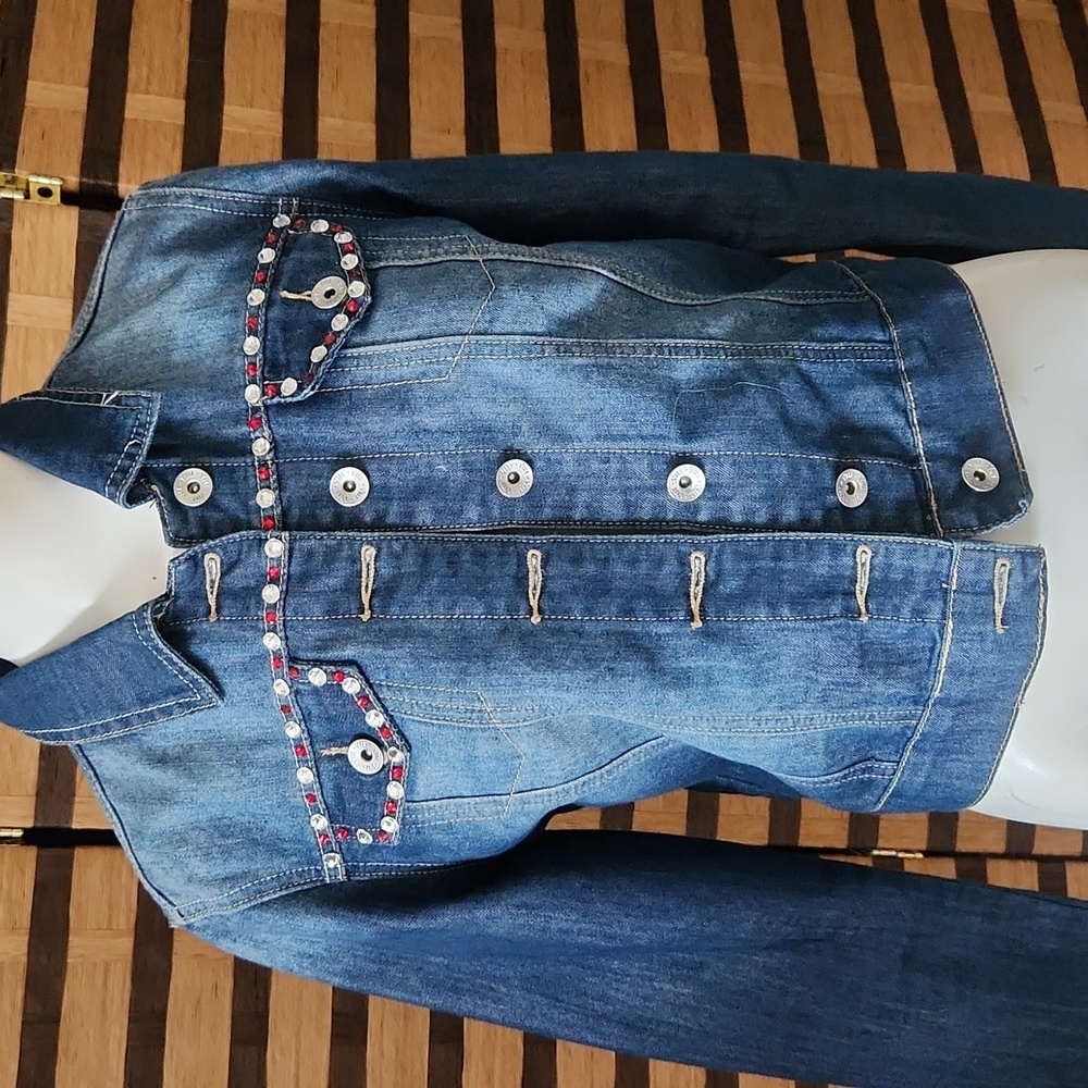 Custom made angel wing rhinestone jean jacket